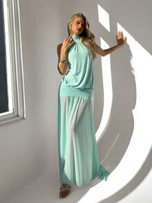 Aloruh 女士浪漫性感纯蓝色高领系带露背褶皱A字不对称连衣裙，适合春夏度假和约会 - 薄荷藍 - 查看 6