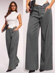 Radiana 女士极简时尚深灰色低腰宽松阔腿西装裤，通勤裤，低腰长裤，低腰西装裤，灰色西装裤，灰色阔腿裤，灰色长裤，梭织面料休闲裤 - 深灰色 - 查看 1