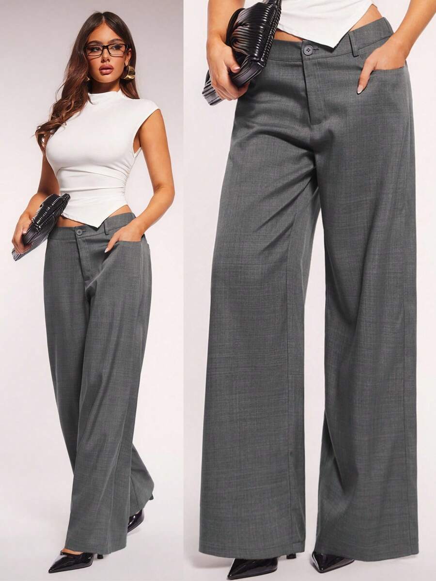 Radiana 女士极简时尚深灰色低腰宽松阔腿西装裤，通勤裤，低腰长裤，低腰西装裤，灰色西装裤，灰色阔腿裤，灰色长裤，梭织面料休闲裤 - 深灰色 - 查看 1