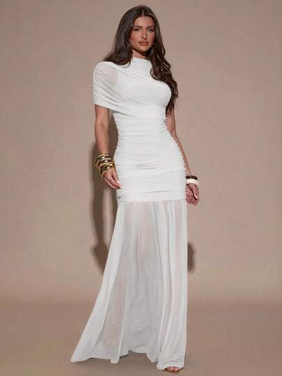 SHEIN BAE Đầm ôm sát người với chân váy xếp ly thanh lịch, thích hợp cho tiệc cocktail, hẹn hò lãng mạn, mặc nhiều lớp vào mùa thu/đông, dự tiệc, họp mặt trang trọng, Halloween, Giáng sinh.