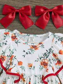 SHEIN Babygirl Summer Vacation Knit Floral Print Ruffle Trim Top And Elastic Waist Pants Set - Red - View 9