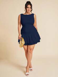 SHEIN BAE Đầm mini hai lớp xếp ly, không tay, màu trắng trơn, dáng ôm sát, dành cho nữ cỡ lớn, thích hợp cho mùa hè, thu/đông, màu xanh lá cây nhạt, đầm hè cho nữ. - Màu xanh hải quân - Xem 8