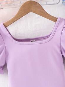 SHEIN 女童纯色翻领泡泡袖连体裤 - 淡紫色 - 查看 4