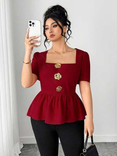 Elenzga Plus Size Women's Square Neck A-Line Fitted Metal Button Decor Elegant Short Sleeve Blouse, Suitable For Travel, Commute, Gathering, Party