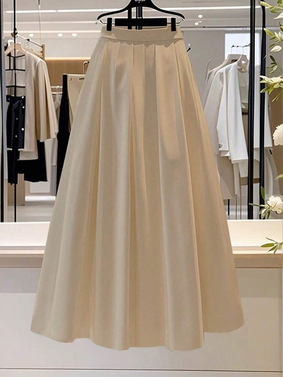 Franclia 女士纯色百褶休闲百搭约会外出A字裙 - 卡其色 - 查看 1