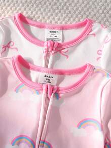 SHEIN 2件套女婴时尚甜美彩虹蝴蝶结设计舒适长袖连体睡衣 - 彩色 - 查看 3