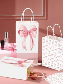 粉色蝴蝶结礼品袋，12个装 - 可重复使用的牛皮纸礼品袋，带提手，适用于婚礼、生日、婴儿派对、单身派对回礼、圣诞礼物和派对装饰 - 彩色 - 查看 7