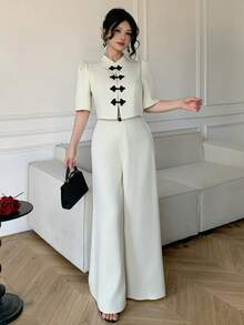 Celisse Women's Elegant Commuter Button-Up Shirt And Wide Leg Pants 2 Pieces Set - Apricot - View 4