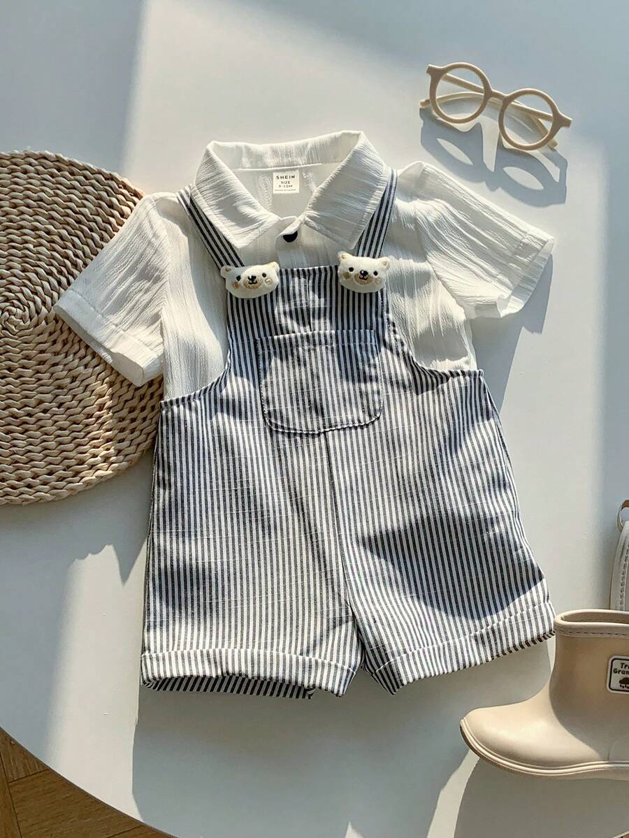 SHEIN Newborn Baby Boy Cute Summer Holiday Striped Cartoon 3D Bear Suspender Romper - Multicolor - View 1