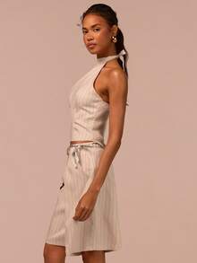 COSMINA 露背系带上衣和短裤套装，条纹两件套，优雅OL套装，杏色，适合办公室、街头风格，时尚搭配套装，夏季女装 - 杏色 - 查看 4