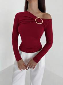 Aloruh 酒红色不对称领针织长袖T恤，女士休闲风格，扭结细节设计，红色不对称肩部上衣 - 酒紅色 - 查看 4