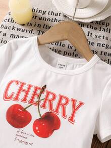 SHEIN LMoss Kids 两件套女童樱桃印花针织上衣和格子半裙套装 - 淺粉色 - 查看 3