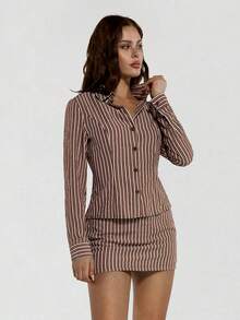 SHEIN ICON 2pcs Striped Shirt & Mini Bodycon Skirt Set - Brown - View 6