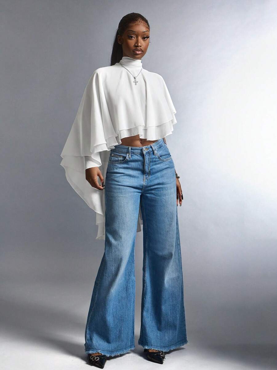 Amplova 女士高领露背系带不对称下摆半透明罩衫 - 白色 - 查看 1