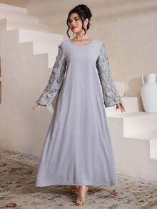 Al Najma 新款纯色花卉蕾丝女士睡袍，优雅土耳其风格睡袍 - 灰色 - 查看 5