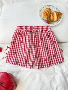 Shorts casuales de verano para niñas preadolescentes con estampado a cuadros y bordado de fresa con cordón - Rojo - Ver 2