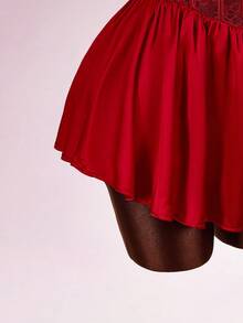 Amplova Sexy Party Women's Contrast Lace Ruffle Hem Spaghetti Strap Mini Dress - Burgundy - View 8