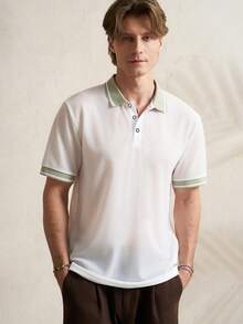 Manfinity Dauomo 男士白色网眼短袖 Polo 衫，鼠尾草绿撞色领口和袖口 - 透气、舒适、修身、夏季商务休闲、高尔夫、通勤、简约针织 Polo 衫 - 白色 - 查看 4