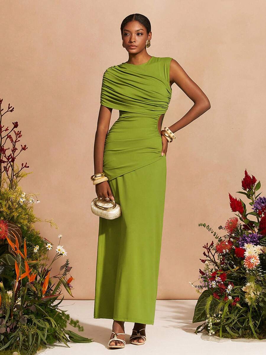 Zivah 2026春夏新款音乐节、复活节、圣帕特里克节、情人节、约会、西部风情、游牧风、生日派对、毕业典礼、大学、学生、日常穿着、百搭基础款、休闲、度假、邮轮旅行、海滩、日光浴、爆款、街头风、婚礼宾客波西米亚风、通勤、早午餐、机场、派对、假日郊游、办公室穿着 绿色不对称袖褶皱腰A字型长裙