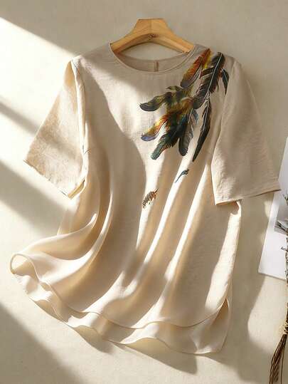 Linhara Plus Size Women Colorful Feather Print Shirt, Fashionable Casual Minimalist Zen Style For Commuting And Vacation