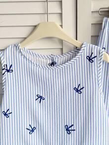 SHEIN Tween Girls Vacation Casual Woven Blue Bow Print Striped Cami Top & Wide Leg Pants Set,Bule Striped Vest Two Pieces Set - Blue - View 8