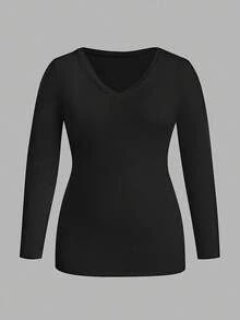 SHEIN CURVE+ 3件套加大码女式V领叠穿长袖套装，3件装上衣，紧身V领上衣，女式长袖上衣衬衫套装 - 彩色 - 查看 6
