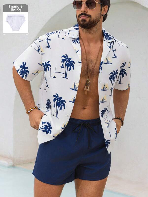 ZELFYO Plus Size Men's Palm Tree Print Short Sleeve Shirt And Shorts Beach Outfit Men 2 Piece Set Summer Men 2 Piece Set Vacation Men Resort Wear Men Beach Outfit Set Men Tropical Print Shirt