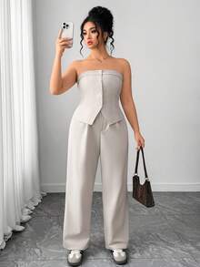 SHEIN PETITE CURVE Plus Size Women Casual Tube Top & Blazer 2 Pieces Set - Grey - View 6