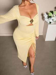 Cravure Plus Size Women Asymmetrical Hem Textured Long Sleeve Dress - Light Yellow - View 5