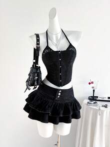 Elamini 女士时尚性感撞色蕾丝吊带牛仔上衣，夏季 - 灰色 - 查看 4