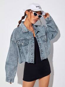 Rivivi Women's Drop Shoulder Long Sleeve Single-Breasted Casual Frayed Denim Jacket - Blue - View 1