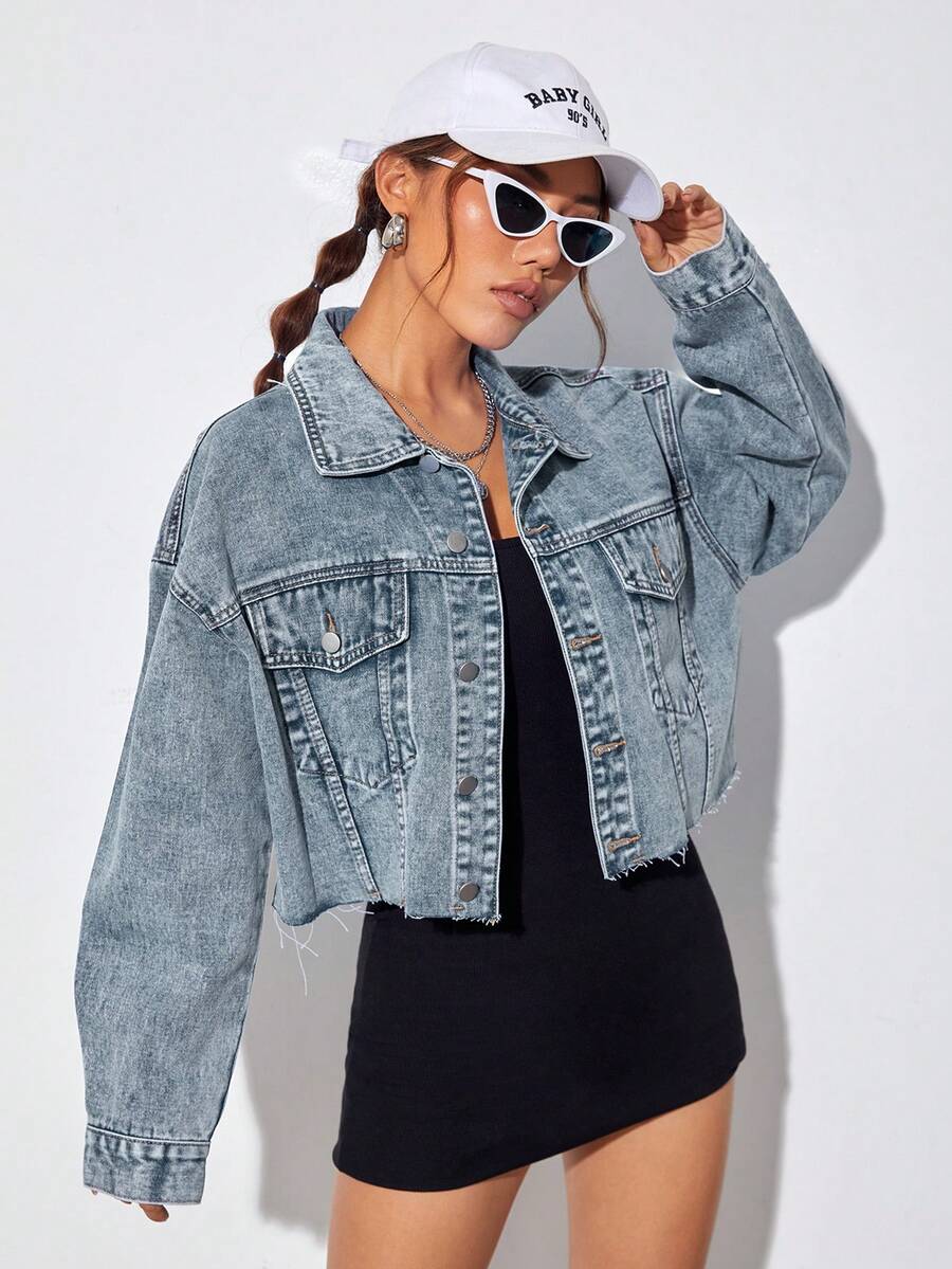 Rivivi Women's Drop Shoulder Long Sleeve Single-Breasted Casual Frayed Denim Jacket - Blue - View 1