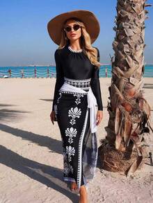 Swim Mulvari Women's Spring/Summer Fashionable Round Neck Long Sleeve Zipper One-Piece Suit And Women's Long Swim Trunks Extra Long Tie-Waist Mesh Skirt One-Piece Set - Black and White - View 1