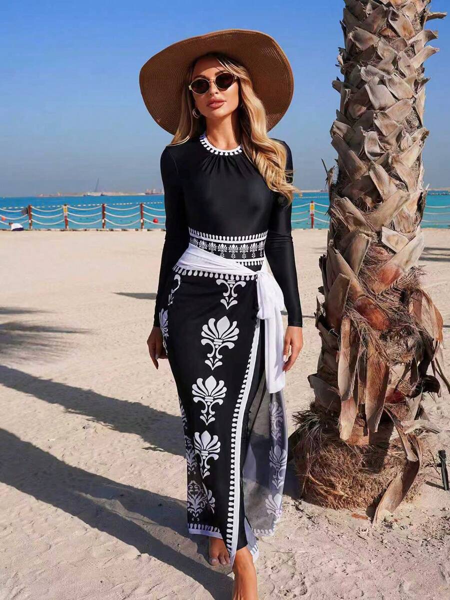 Swim Mulvari Women's Spring/Summer Fashionable Round Neck Long Sleeve Zipper One-Piece Suit And Women's Long Swim Trunks Extra Long Tie-Waist Mesh Skirt One-Piece Set - Black and White - View 1