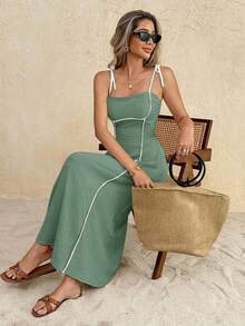 SHEIN Frenchy Đầm midi dáng suông thanh lịch dành cho nữ, có phần eo thắt gọn, thích hợp cho các bữa tiệc và sự kiện. - Màu xanh Bạc hà - Xem 5