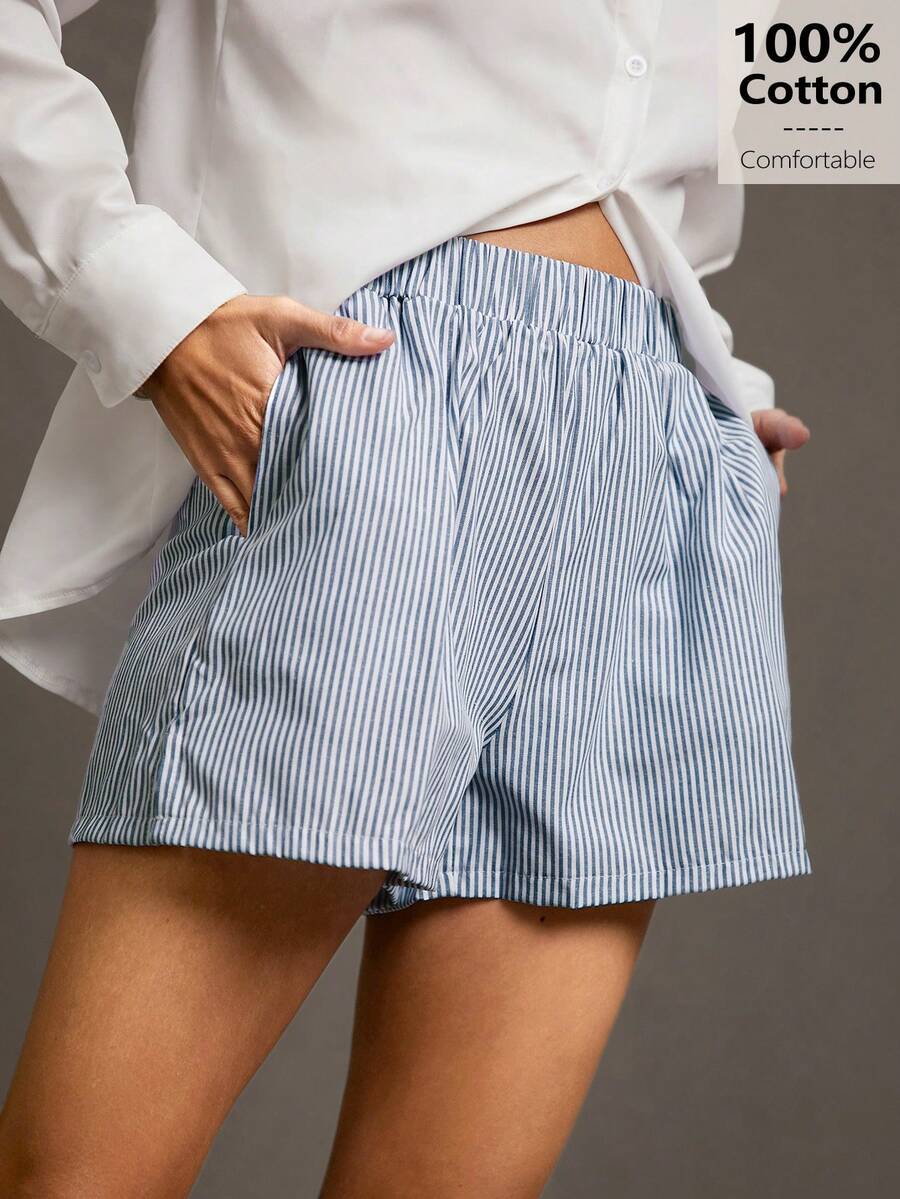 Siren Gaze 條紋印花彈性腰帶短褲 - 藍白色 - 查看 1