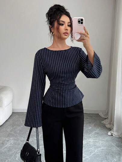 Siren Gaze Women's Navy Striped Boat Neck Bell Sleeve Long-Sleeve Ruffled Collar Fashion Shirt Fitted Shirt Striped Shirt Elegant Women's Shirt Commuter Wear Teacher's Shirt All-Season Casual Shirt Spring Office Tops Women Business Casual Woman Top Bell Sleeve Top Peplum Blouse