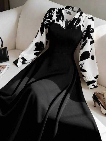 GlowEve CURVE Plus Size Women's Striped Print Patchwork 2-In-1 Dress, Elegant Long Sleeve Lapel Dress, Women's Autumn Long Dress