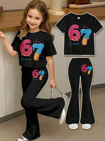 SHEIN Doodle Cartoon Number 67, Six Seven, Doot Doot, Meaningless Humorous Pink Number 67 Star Bow Print, Retro Sweet American Style, Young Girl Casual Cartoon Pattern Round Neck Short Sleeve Top And Flare Pants Two Pieces Suit Suitable For Summer Outings, Korean Style, Homecoming, Easy Comfort, Stylish Kids, Spring & Summer Outfits For , Casual Wear, Baby & Kids Graphic Tops, Summer New Style, Spring & Summer Fashion