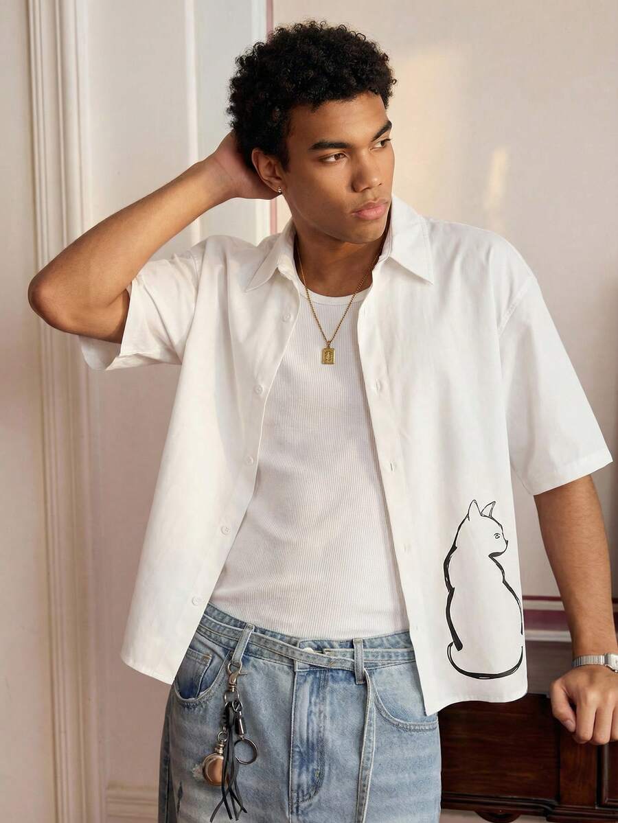 SWAVVY 男士休闲猫咪印花短袖衬衫，夏季男士衬衫，图案衬衫，男士白色衬衫，男士猫咪衬衫，男士白色图案衬衫 - 白色 - 查看 1