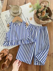 SHEIN Babygirl Vacation Casual Cute Striped Camisole And Elastic Waist Pants Set - Multicolor - View 5