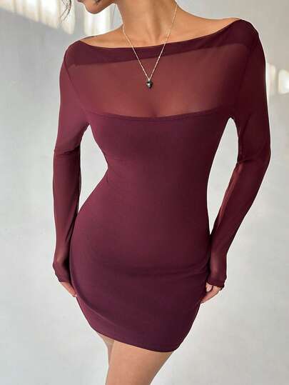 Aloruh Women's Elegant Off Shoulder Mesh Patchwork Bodycon Mini Dress, Suitable For Valentine's Day