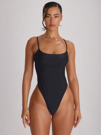 Musera Resort Straight Neck Strappy Binding High Leg Cheeky Swimsuit Swim Vacation Holiday Summer Travel Beachwear Basics Solid Colour Swimwear Resort Core