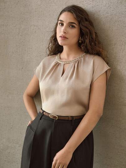 MOTF PREMIUM PLUS SIZE METALLIC CHAIN COLLAR SATIN SLEEVELESS BLOUSE, CHAMPAGNE COLOR