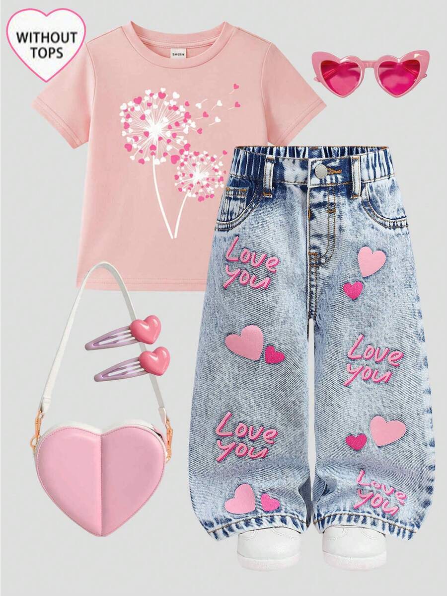 SHEIN Baby GirlPink Heart Pattern Loose Straight Leg Blue Denim Pants - Blue - View 1