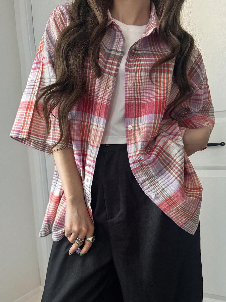 FRIFUL Women's Spring/Summer Plaid Short Sleeve Layered Loose Casual Versatile Blouse - Multicolor - View 1