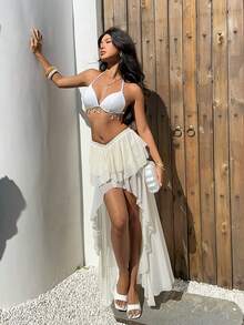 Aloruh Chân váy lưới xếp tầng bất đối xứng, thanh lịch, gợi cảm, lãng mạn, thời trang dành cho nữ, thích hợp cho kỳ nghỉ, hẹn hò, đi chơi, mùa xuân/hè. - trắng - Xem 6