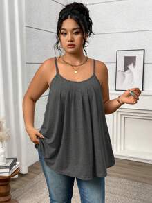 SHEIN LUNE 大码女式针织宽松轻薄褶皱性感灰色吊带背心，夏季 - 深灰色 - 查看 3