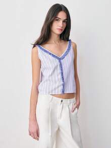 Nöista Sleeveless Top With Contrasting Vertical Stripes And Fringed Trim Along The Neckline And Center. Spring, Summer, Easter. - Multicolor - View 4