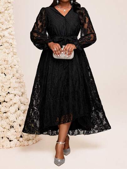 Fleurora 大码优雅纯色蕾丝连衣裙，适合派对穿着